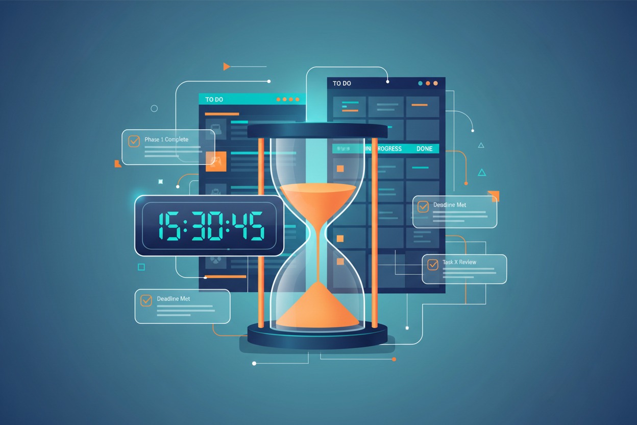 A glowing hourglass stands in front of project management boards, a digital clock, and task completion notifications.